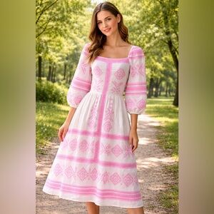 Strut & Bolt Pink & White Boho Embroidered Linen Midi Dress, Balloon Sleeves